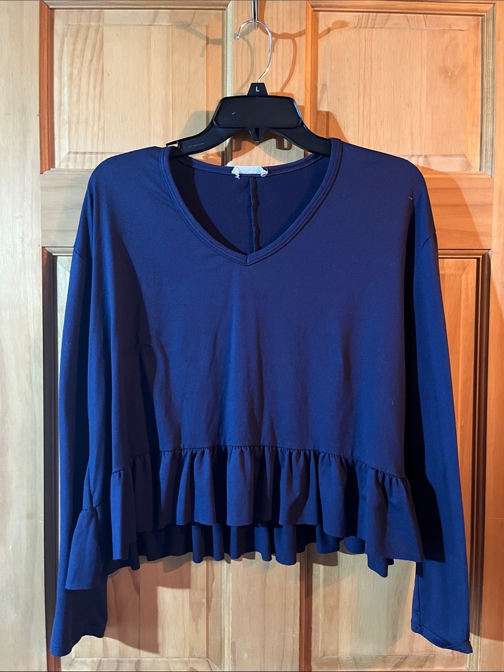 Olivia Rae Navy V-Neck Long-Sleeve Ruffle-Hem Top